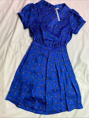 Brand-Re/Done Royal Blue Backless Short-Sleeve Dress with Red & Green Print